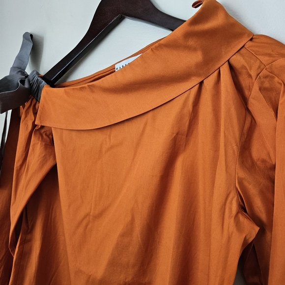 Harshman Blouse Liana Burnt Orange Tie Bow Off One Shoulder Poplin Fall Casual - Picture 6 of 14